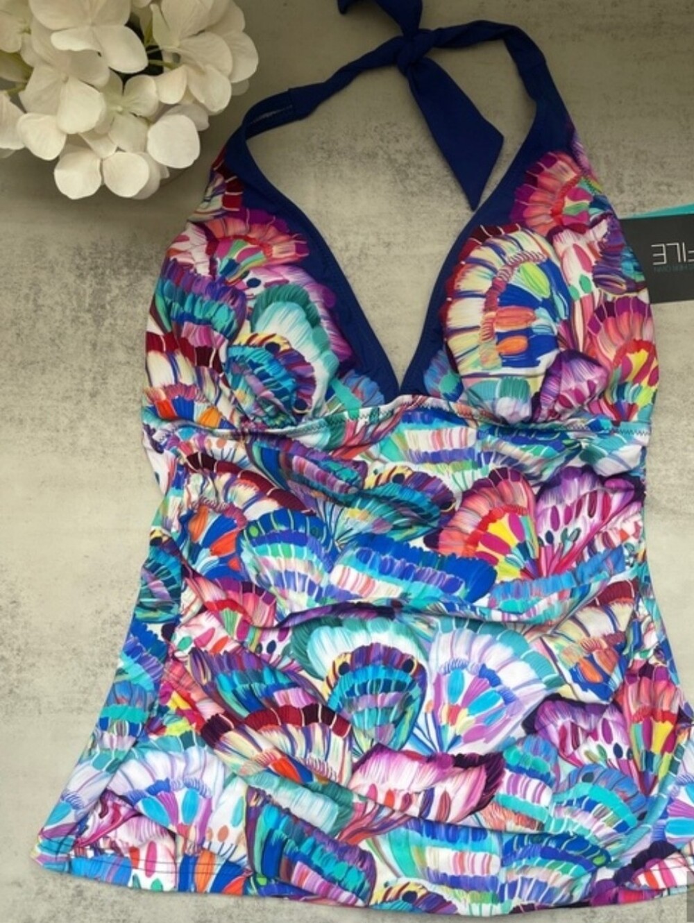 Profile by Gottex Madame Butterfly Shirred Colorful Halter Tankini Top Size 12